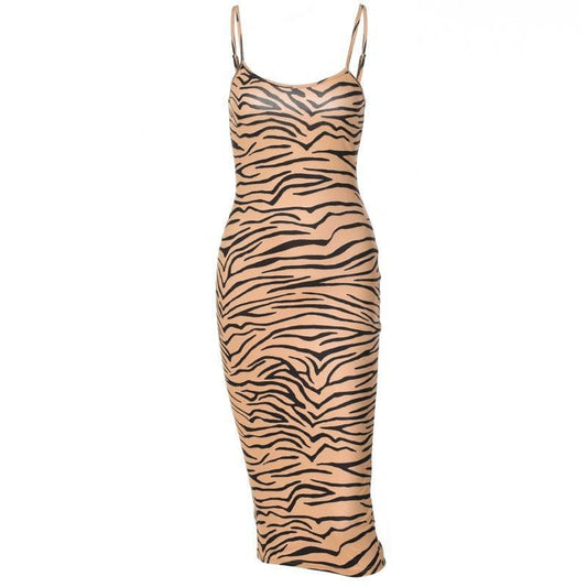 Round neck zebra print slit cami midi dress - Halibuy