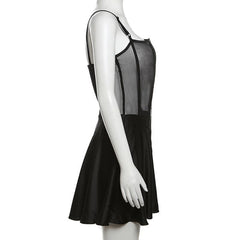 Mesh solid see through ruffle backless cami mini dress