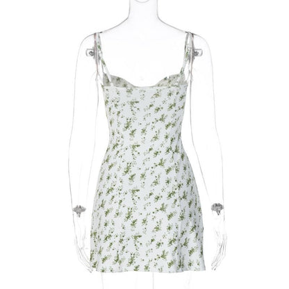 Low cut sleeveless flower pattern backless cami mini dress