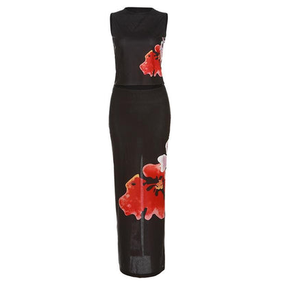 Sheer mesh see through slit flower pattern contrast sleeveless midi skirt set