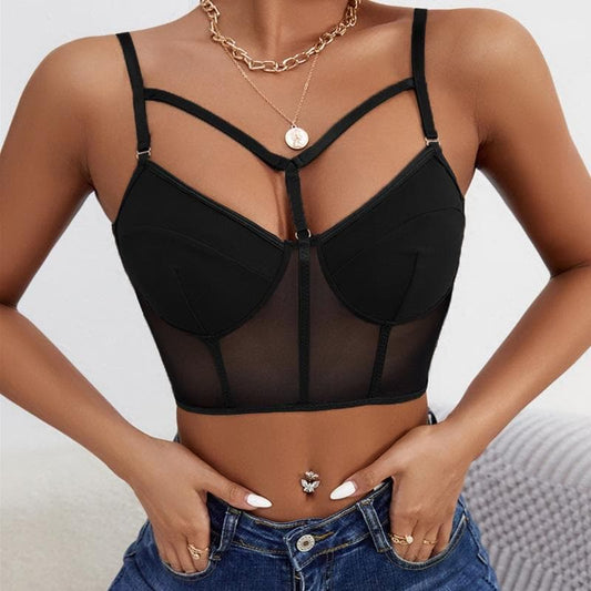 Mesh backless low cut bustier solid hollow out cami top