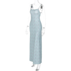 Flower print square neck contrast backless cami maxi dress