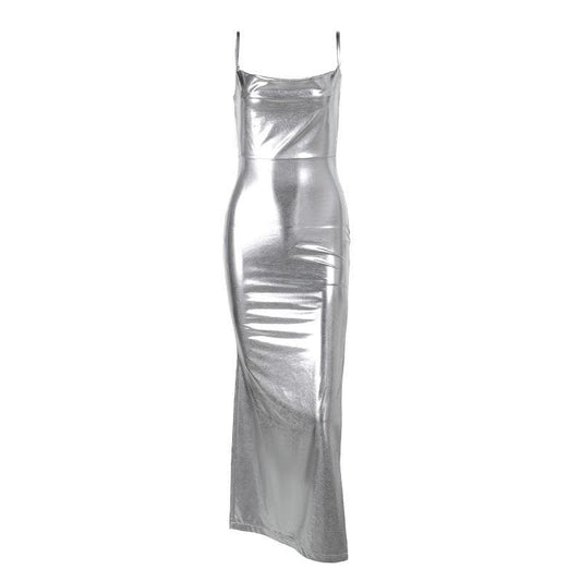 Cowl neck slit backless metallic cami midi dress