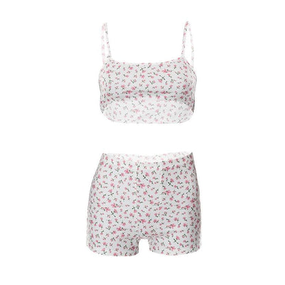 Floral print textured cami crop top short pant set