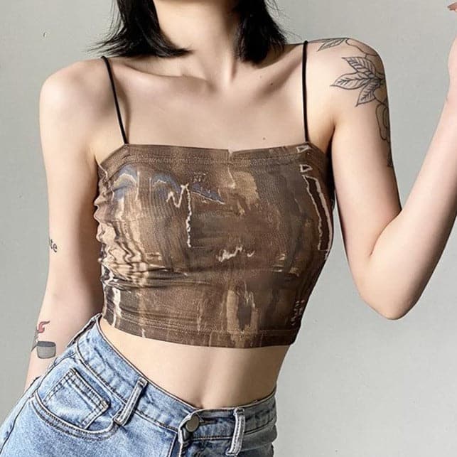 Contrast print spaghetti strap square neck cami crop top