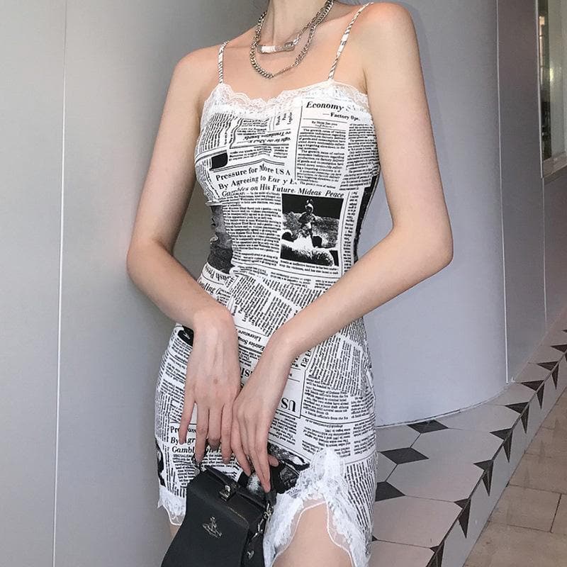 Hem lace newspaper print slit cami dress