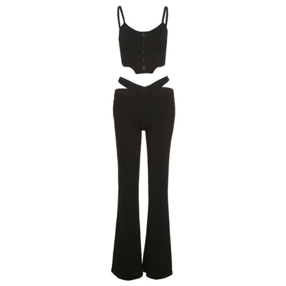 Sweetheart neck button hollow out waist ribbed cami top pant set