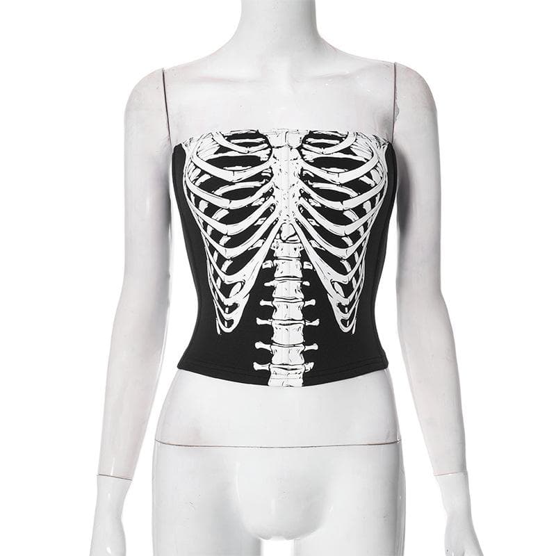 Backless zip-up skull pattern contrast tube top