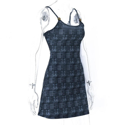 Plaid contrast print backless u neck button cami dress