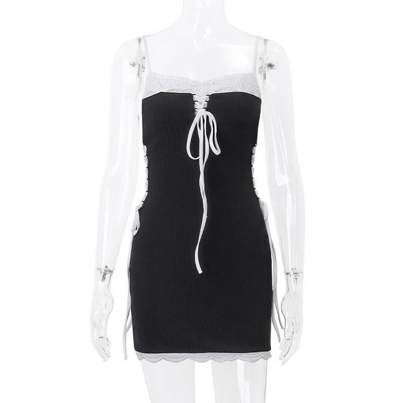 Self tie lace up backless patchwork contrast cami mini dress