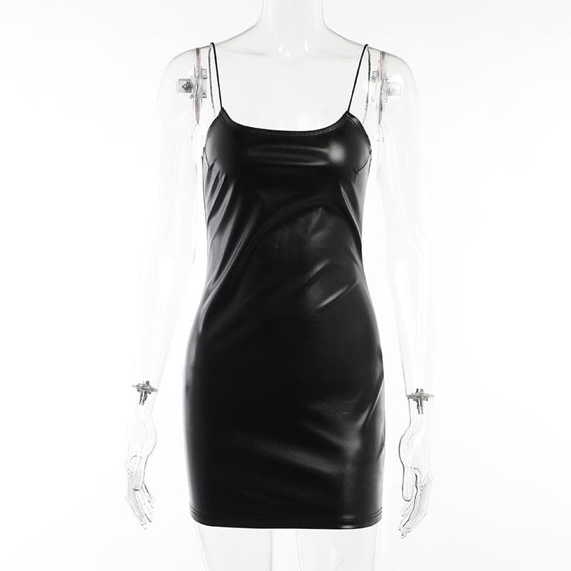 PU leather solid square neck spaghetti strap backless cami dress