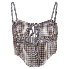 Contrast houndstooth print self tie backless cami crop top