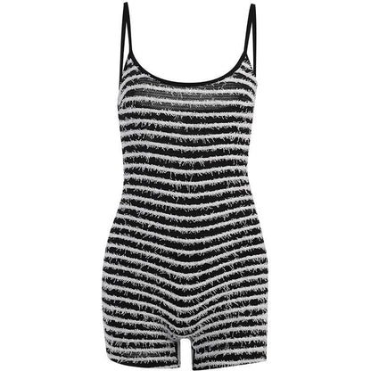 Contrast striped fluffy backless cami romper