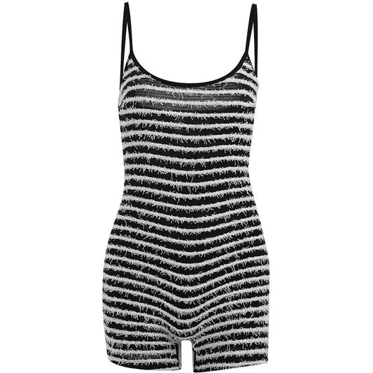 Contrast striped fluffy backless cami romper