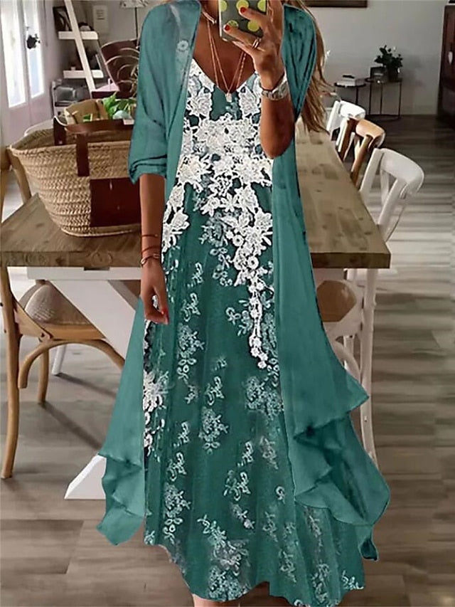 CityHottie - Women's Casual Dress Dress Set Two Piece Dress Long Dress Maxi Dress Purple Brown Green Half Sleeve Flower Print Summer Spring V Neck Fashion Vacation 2024 S M L XL XXL 3XL