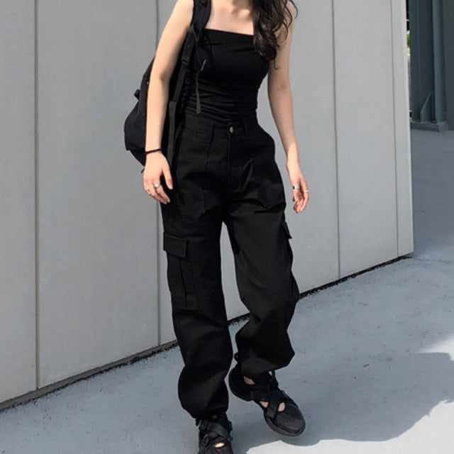 CityHottie - Button Pockets Patchwork Cargo Pants Women Streetwear High Waist Trousers Women Fashion Pencil Pants Joggers Women