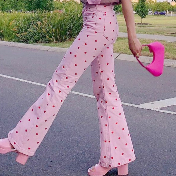 CityHottie - Y2K Pink Pants Heart Printed Sweet Trousers Vintage Aesthetic Party Pants Pockets Joggers Festival Outfits Women New