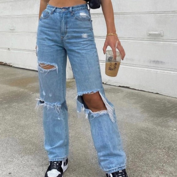 CityHottie - Baggy Jeans Straight Leg Ripped Jeans For Women Fashion Loose High Streetwear Women High Waist Pants Hole Boyfriend Trousers