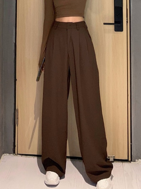 CityHottie - Retro Solid Color Wild Straight Wide Leg Pants Female Spring New Korean Fashion High Waist Casual Long Pants