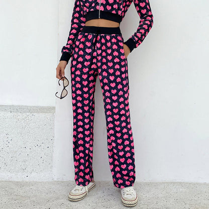 CityHottie - Y2K Pink Pants Heart Printed Sweet Trousers Vintage Aesthetic Party Pants Pockets Joggers Festival Outfits Women New