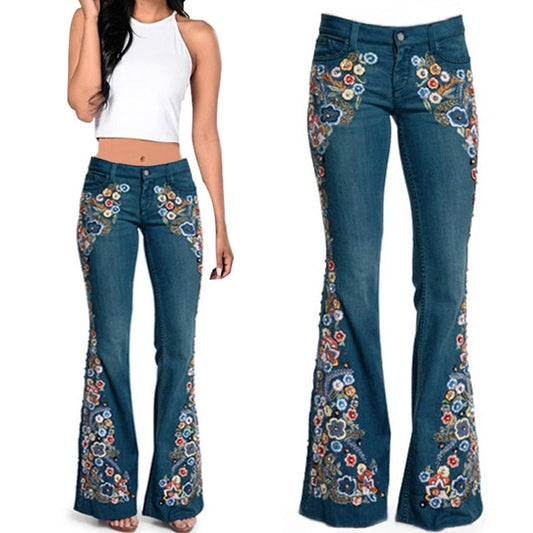 CityHottie - Trends Hot Sale Women Embroidered Bell Bottoms Skinny Jeans Floral Flared Jeans Ladies Spring Casual Denim Pants XS-4XL