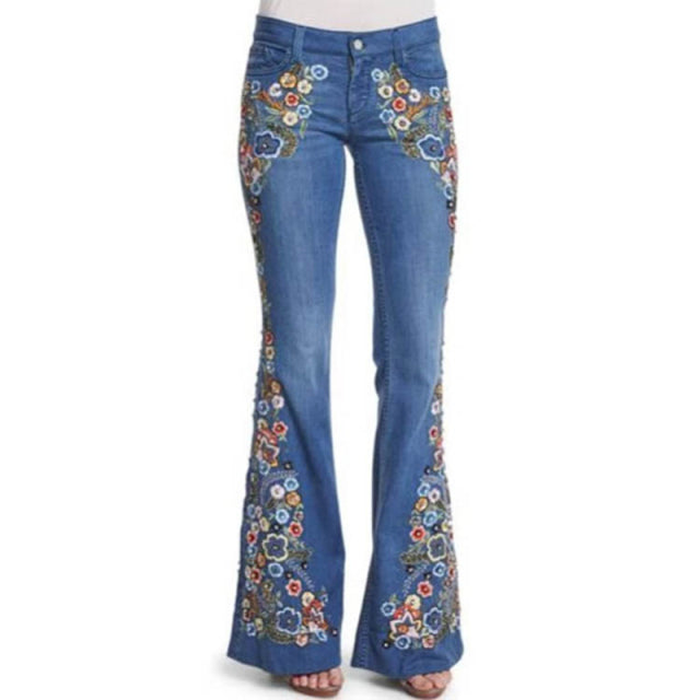 CityHottie - Trends Hot Sale Women Embroidered Bell Bottoms Skinny Jeans Floral Flared Jeans Ladies Spring Casual Denim Pants XS-4XL