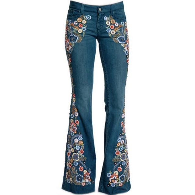 CityHottie - Trends Hot Sale Women Embroidered Bell Bottoms Skinny Jeans Floral Flared Jeans Ladies Spring Casual Denim Pants XS-4XL