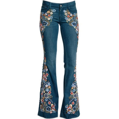 CityHottie - Trends Hot Sale Women Embroidered Bell Bottoms Skinny Jeans Floral Flared Jeans Ladies Spring Casual Denim Pants XS-4XL