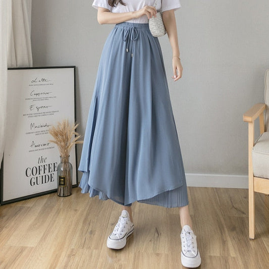 CityHottie - Spring Autumn New Style Pleated Chiffon Wide Leg Pants Fashion High Waist Drape Elegant Ankle-length Pants Skirt Trousers