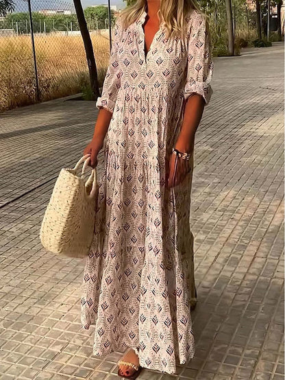 CityHottie - Women's Long Dress Maxi Dress Casual Dress Summer Dress Print Dress Geometric Fashion Streetwear Outdoor Date Vacation Print 3/4 Length Sleeve V Neck Dress Regular Fit Pink Blue Green Summer Spring S