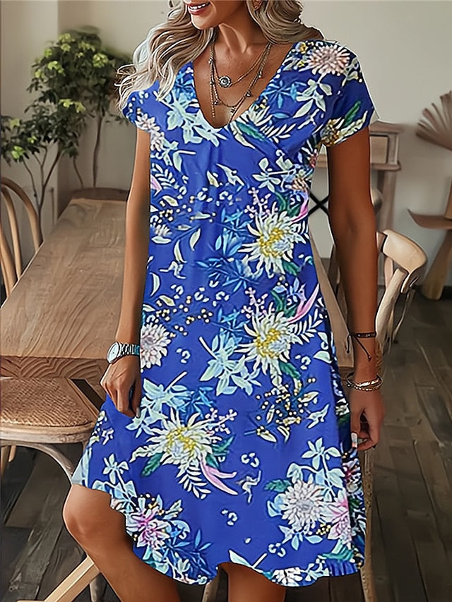 CityHottie - Women's Casual Dress Summer Dress Print Dress Leaf Floral Print V Neck Midi Dress Fashion Modern Outdoor Daily Short Sleeve Regular Fit Black White Yellow Summer Spring S M L XL XXL