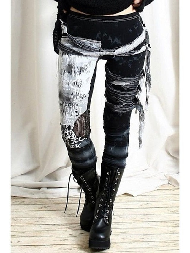 CityHottie - Women's cool ultra gathered pants Halloween gothic rocker distressed punk tie leggings gray black red s m l xl xxl