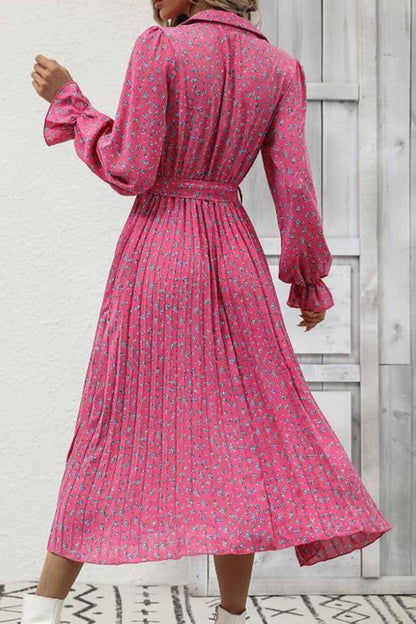 Floral Tie Wasit Long Sleeve Pleated Midi Dress