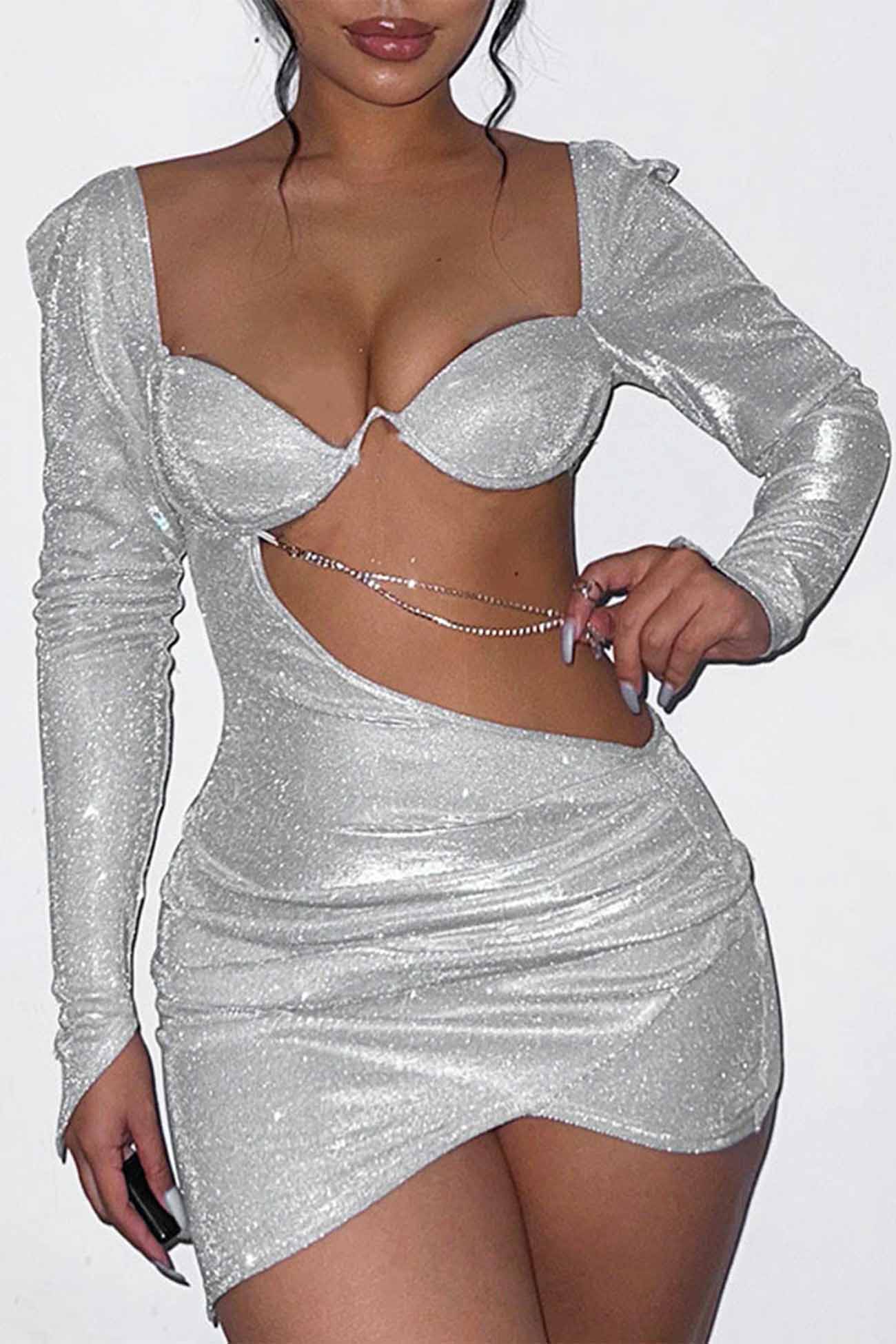 Hollow Glitter Chain Long Sleeve Ruched Mini Dress