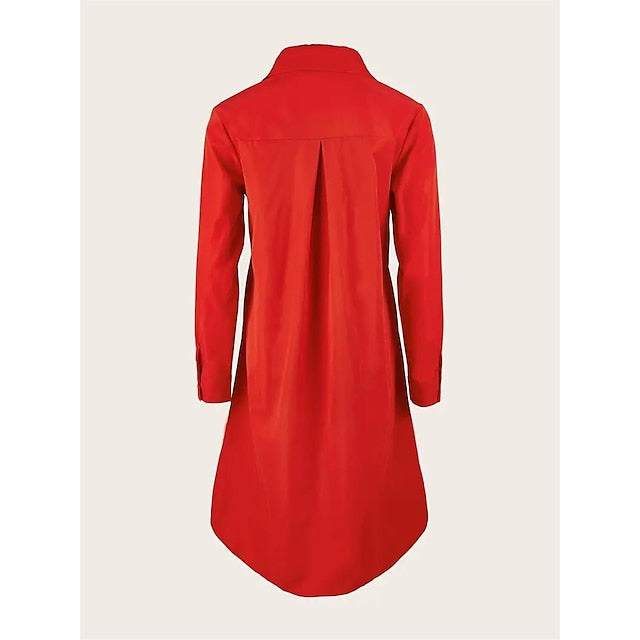 CityHottie - Women's Shirt Dress Casual Dress Shift Dress Midi Dress Outdoor Winter Dress Daily Polyester Elegant Casual Shirt Collar Pocket Rolled Cuff Long Sleeve Summer Winter Fall Spring 2024 Loose Fit Red