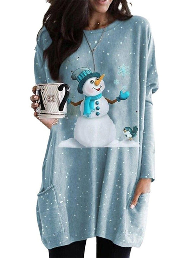 CityHottie - Women's Christmas Casual Dress T Shirt Dress Tee Dress Shift Dress Mini Dress Blue Long Sleeve Snowman Pocket Winter Fall Autumn Crew Neck Fashion Daily Date Loose Fit XS S M L XL XXL 3XL 4XL 5XL