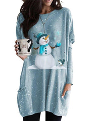 CityHottie - Women's Christmas Casual Dress T Shirt Dress Tee Dress Shift Dress Mini Dress Blue Long Sleeve Snowman Pocket Winter Fall Autumn Crew Neck Fashion Daily Date Loose Fit XS S M L XL XXL 3XL 4XL 5XL