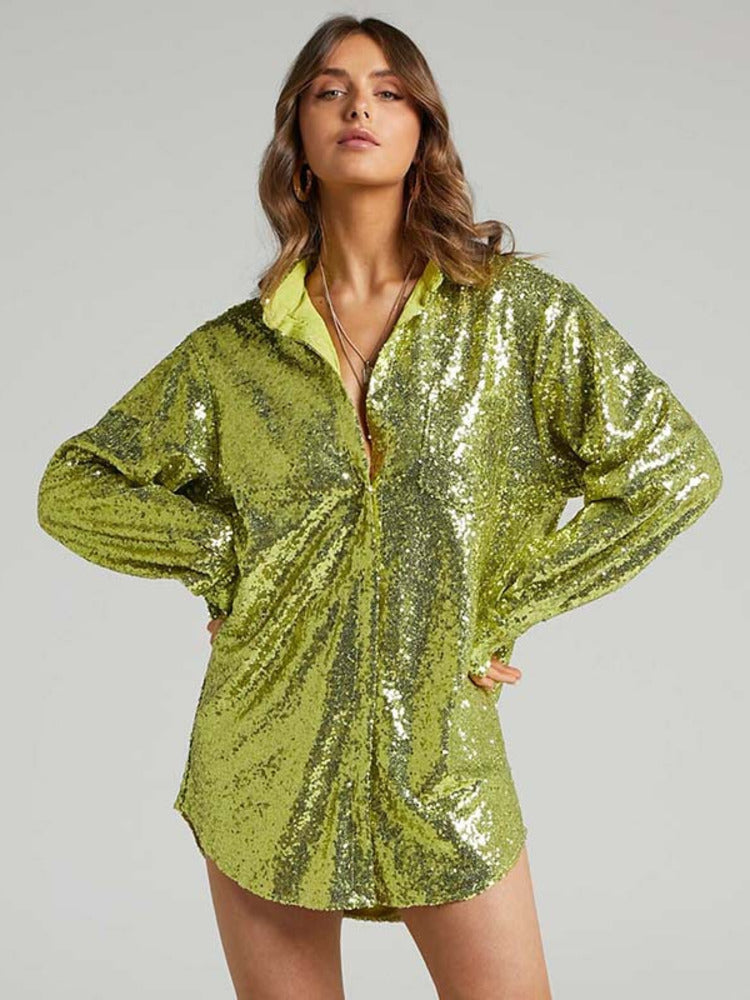 Margie Turn-down Collar Bright Silk Shirt Dress