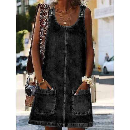 CityHottie - Women's Casual Dress Shift Dress Denim Overall Pinafore Dress Mini Dress Denim Fashion Modern Outdoor Daily Vacation U Neck Pocket Sleeveless Summer Spring 2024 Regular Fit Black Blue Gray Plain S M