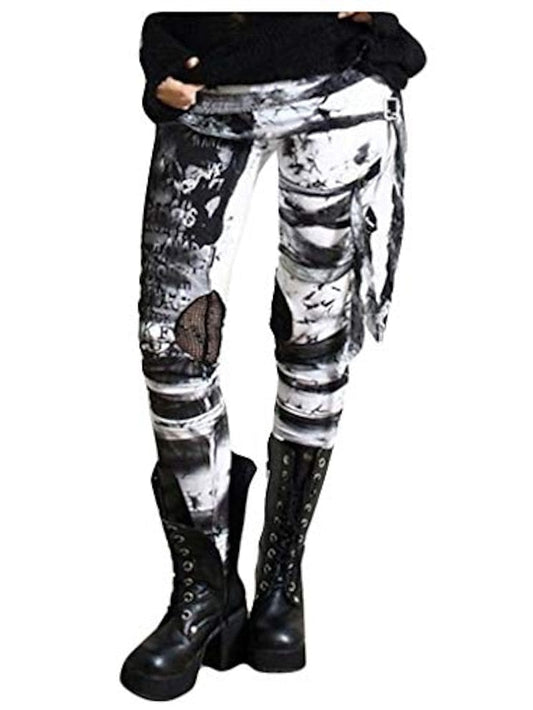 CityHottie - Women's cool ultra gathered pants Halloween gothic rocker distressed punk tie leggings gray black red s m l xl xxl